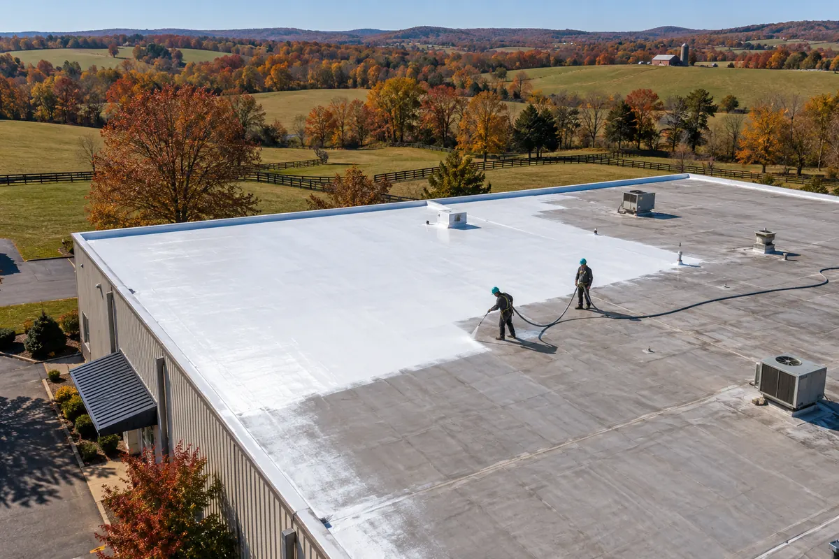 Aerial view of silicone coating on a low-slope commercial roof