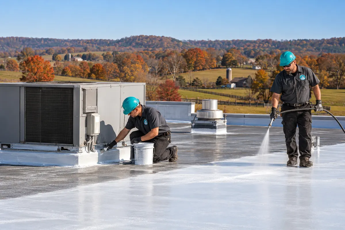 Crew applying silicone coating around a rooftop unit on a low-slope roof