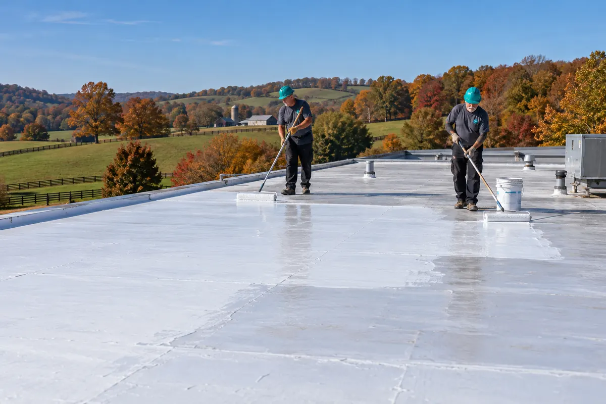 Two roofers rolling acrylic coating across a flat commercial roof