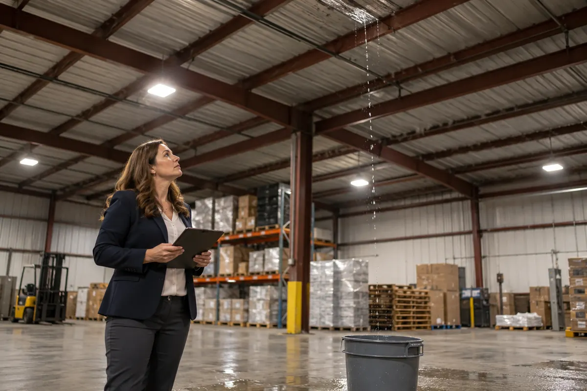 Facility manager in a warehouse looking up at water dripping from the metal roof