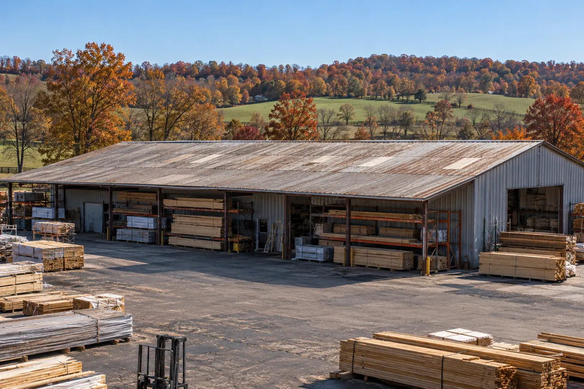 Open-front metal storage shed with a rusted roof
