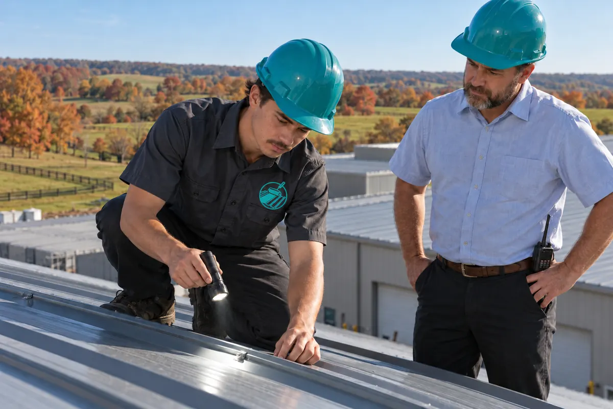 Roofer in a logo uniform checking a metal roof seam with a flashlight while the building owner watches