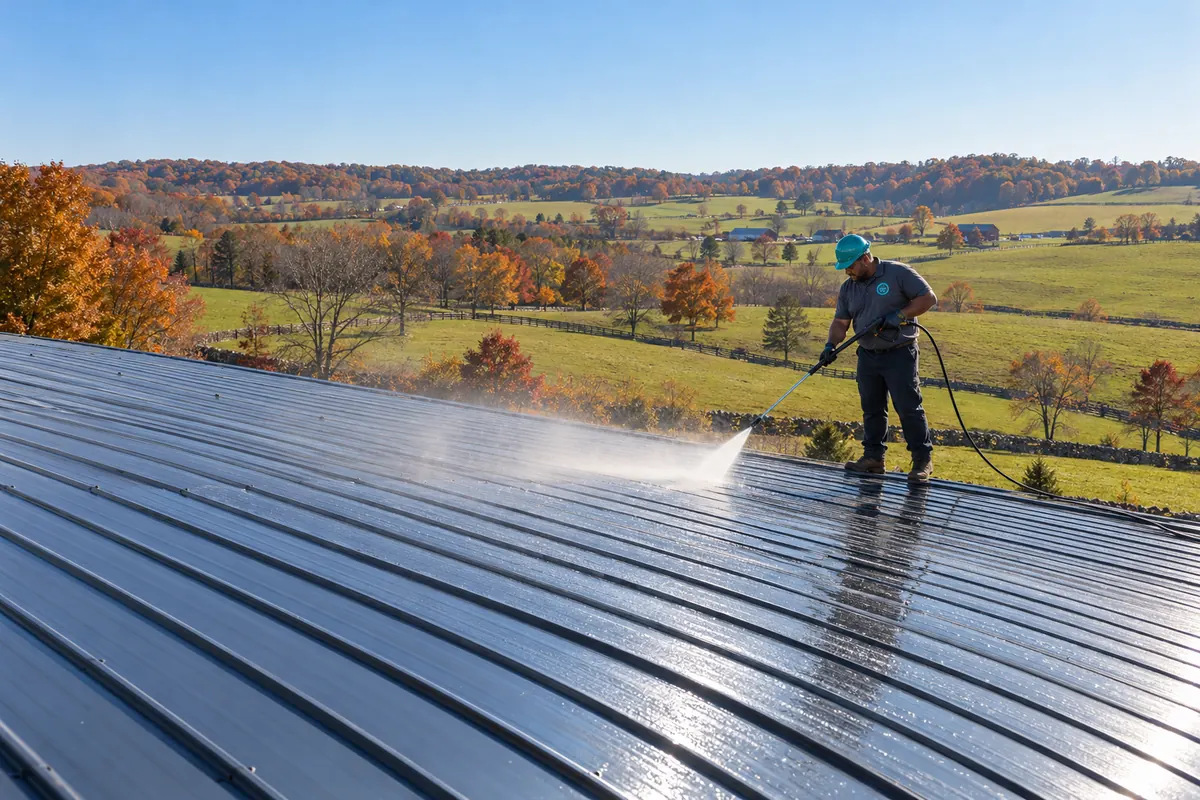 Roofer pressure washing a standing seam metal roof