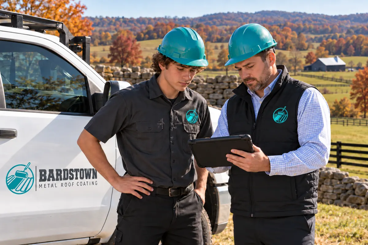 Roofer reviewing roof photos on a tablet with a building owner beside a work truck