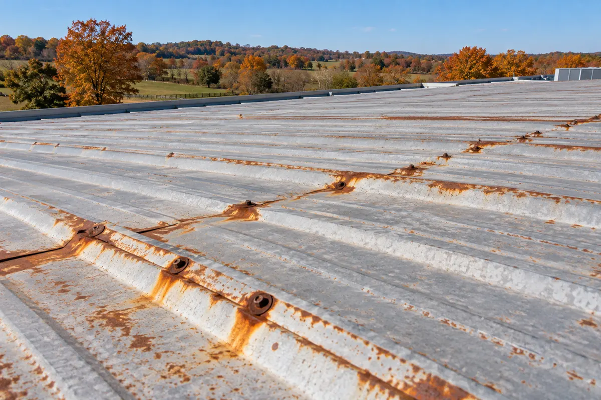 Rusted screws and laps on a weathered metal roof