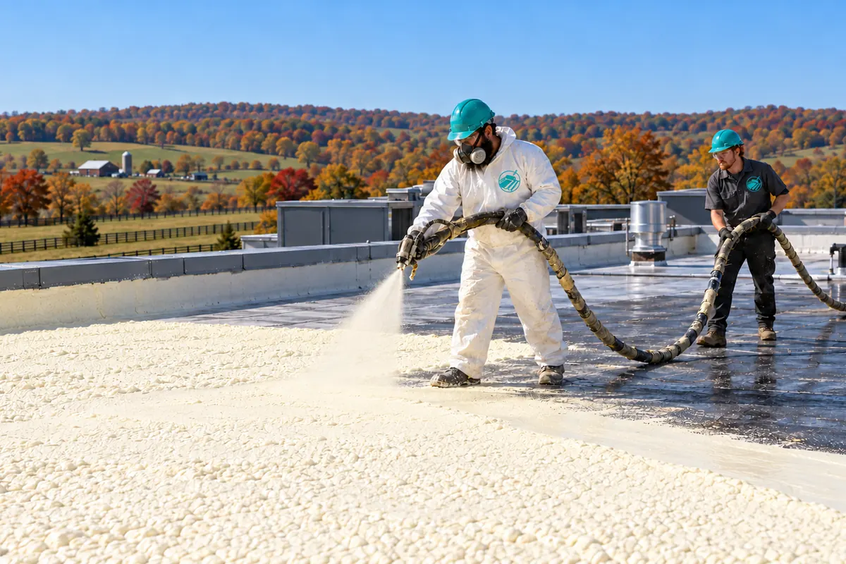 Roofer in protective suit spraying foam over a commercial roof deck